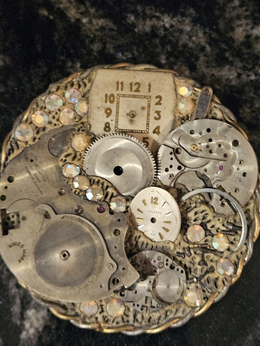 Vintage Leslie Mones Steampunk Watch Part Brooch Signed Mixed Media Pin Rhinesto